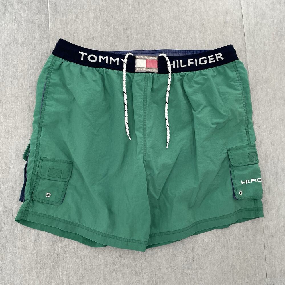VINTAGE Tommy Hilfiger Shorts Adult Large Green Swim Trunks Board Cargo Pockets